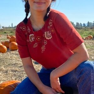 Burnt/Rust Orange-ish Red Floral Embroidered Sweater Top